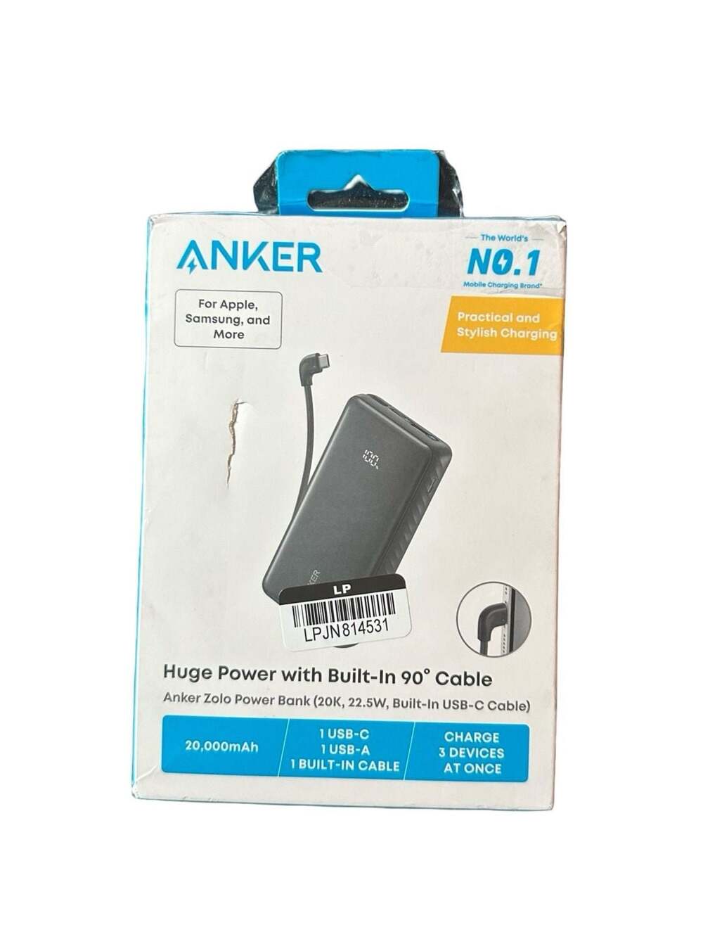 Anker Zolo Power Bank 20,000mAh 22.5W with Built-In USB-C Cable